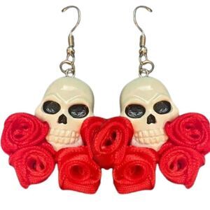 NWT Day of the Dead Drop Earrings White Skull on Red Rose Flowers